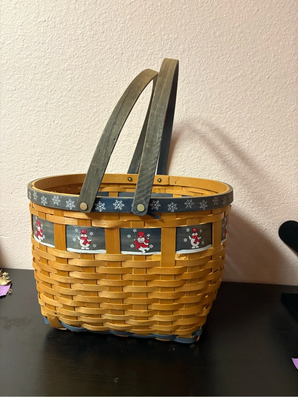 Rustic Snowman Christmas Woven Basket Double Handle Holiday Decor